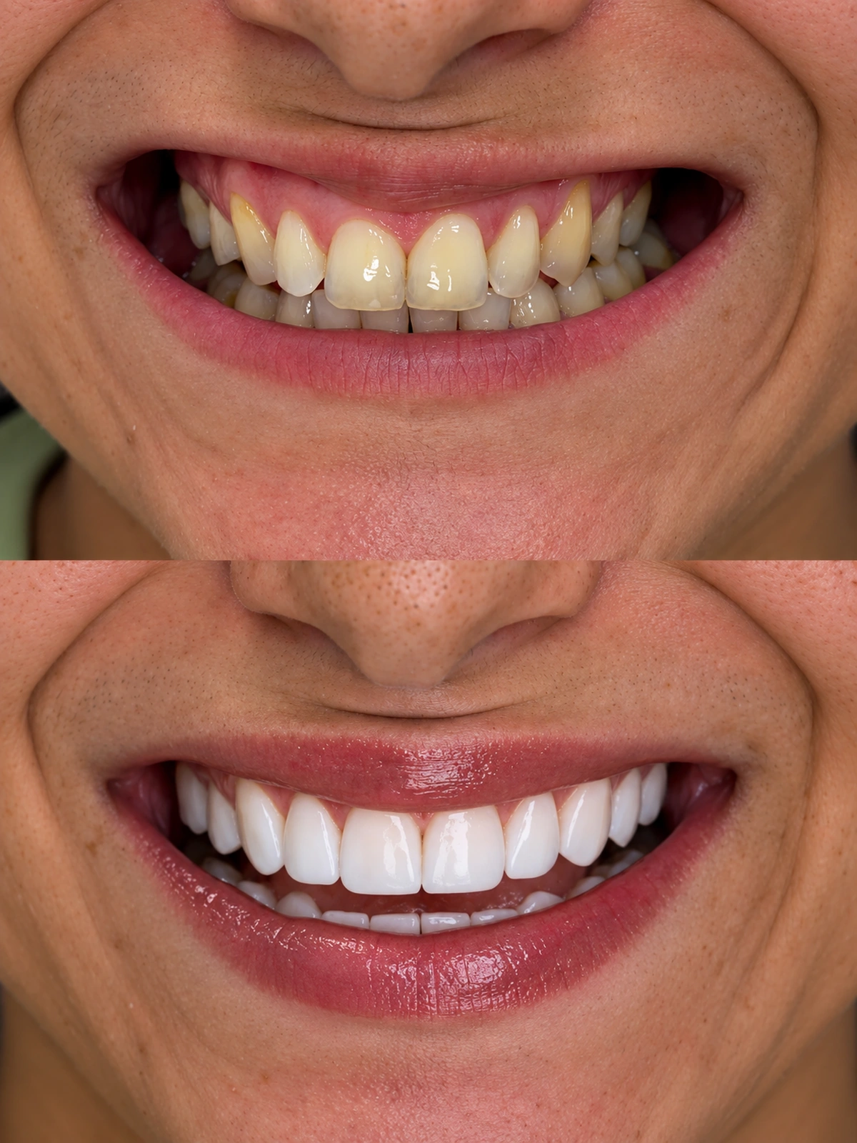Antes e depois de Lentes Tradicionais com sorriso mais claro e harmônico.