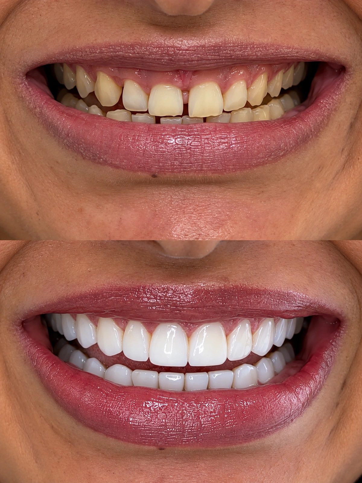 Antes e depois com resina para valorizar cor, forma e proporção.