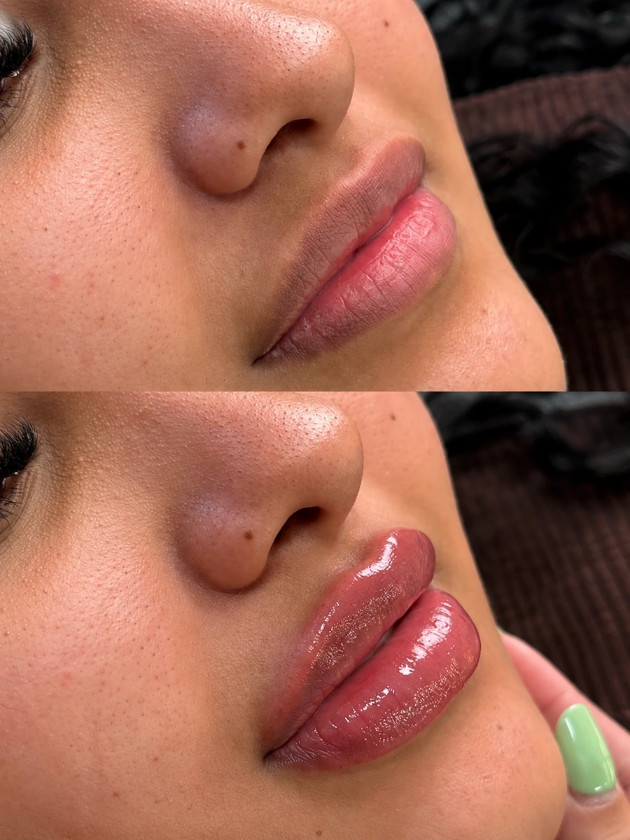 Caso de preenchimento labial com antes e depois